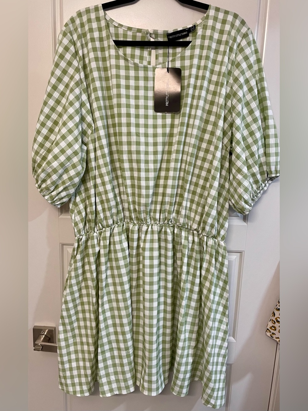 NWT PrettyLittleThing Sage Green Gingham Puff Sleeve Mini Dress - Picture 2 of 7